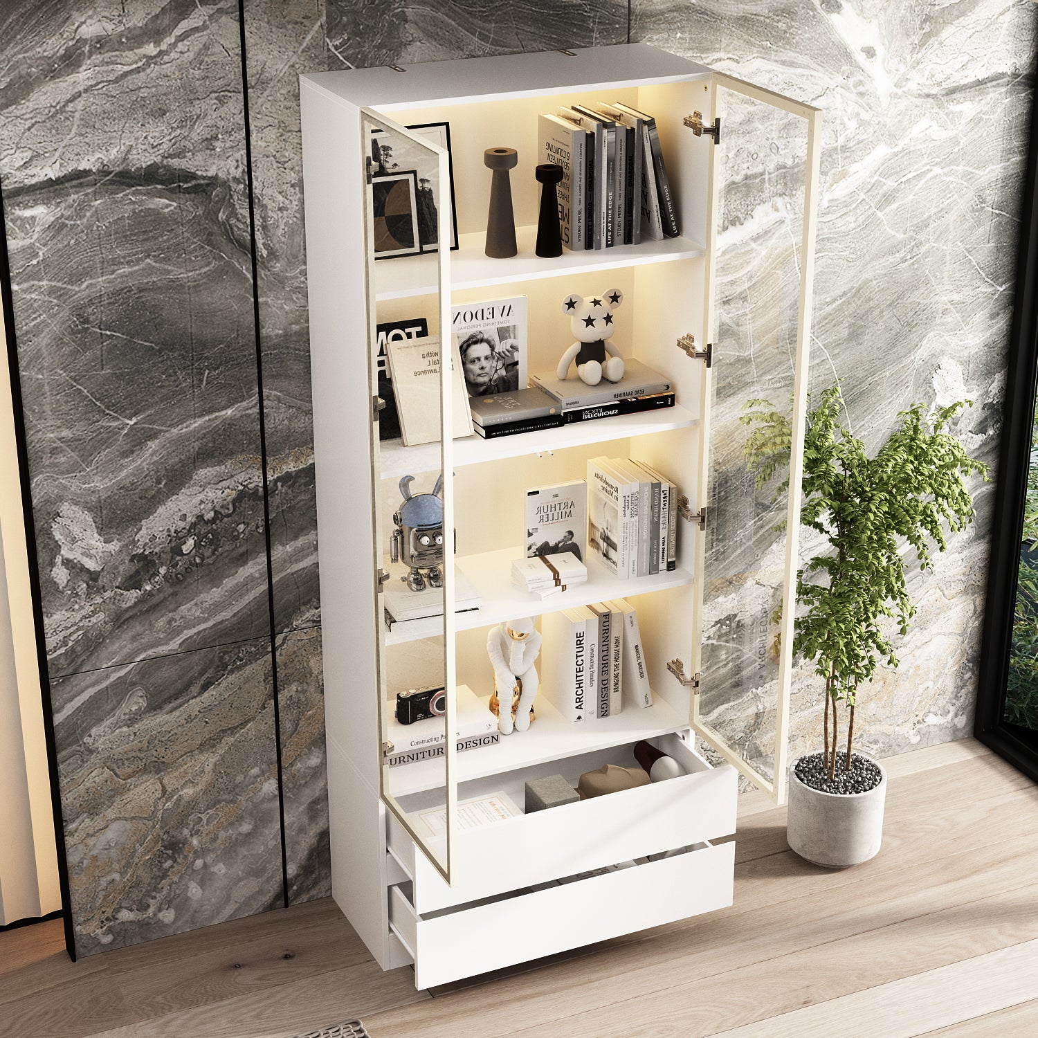 Display Cabinet With Adjustable Lights And Tempered Glass Door