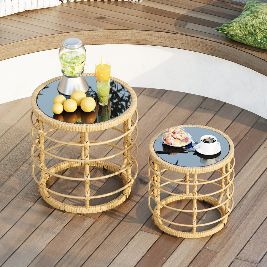 17.7" Boho Wood Solar Nesting Tables with Built-in Lights