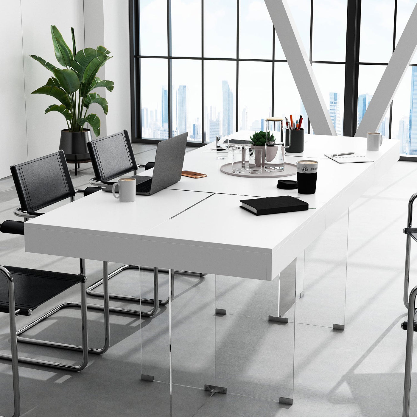 78.7" Modern Minimalist White Writing Desk With Glass Base