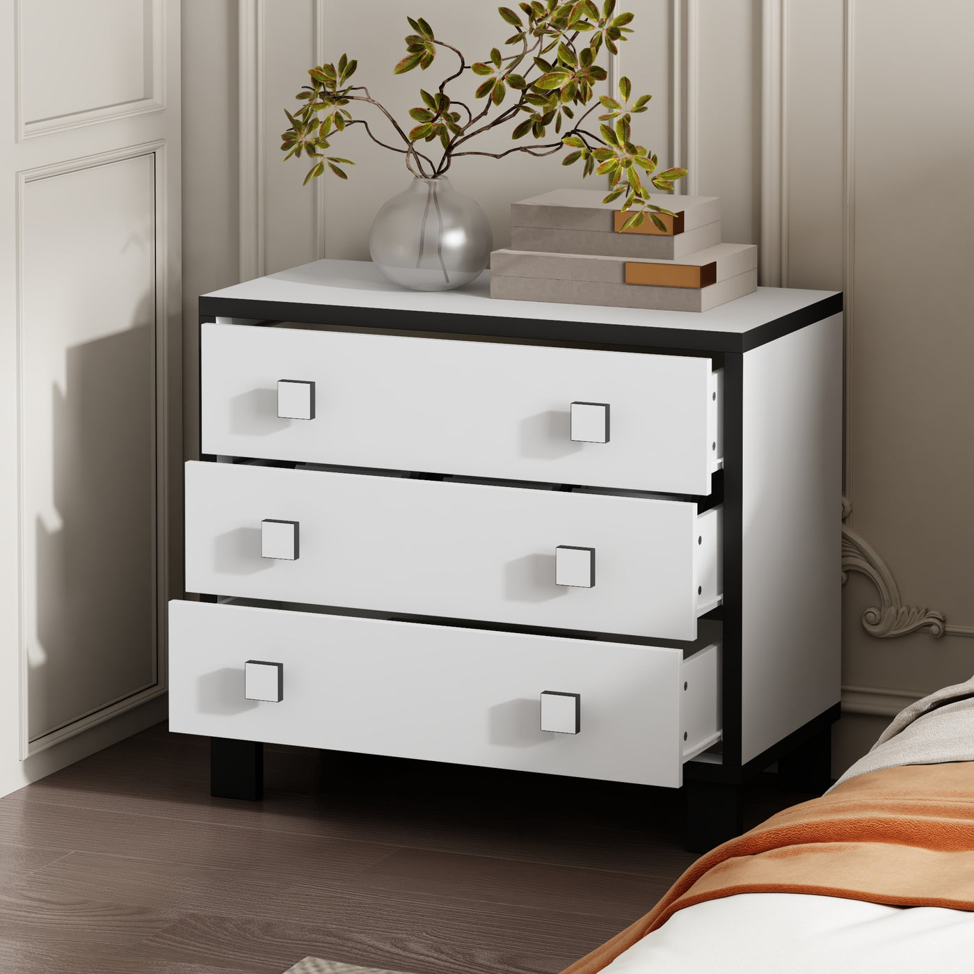 23.6" Modern Black 3-Drawer Nightstand with Gold Handles