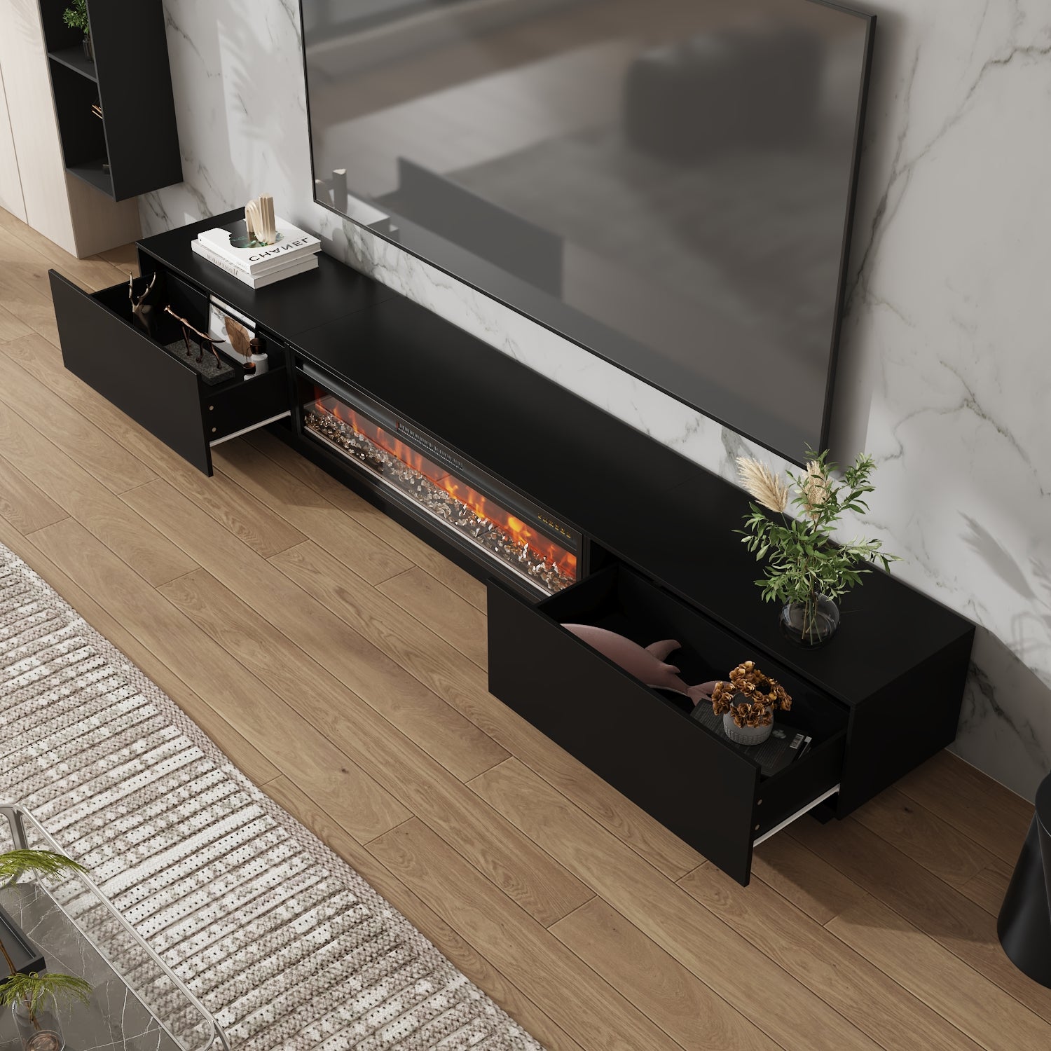 109'' W 2-Drawer TV Stand Media Console With Electric Fireplace Heater