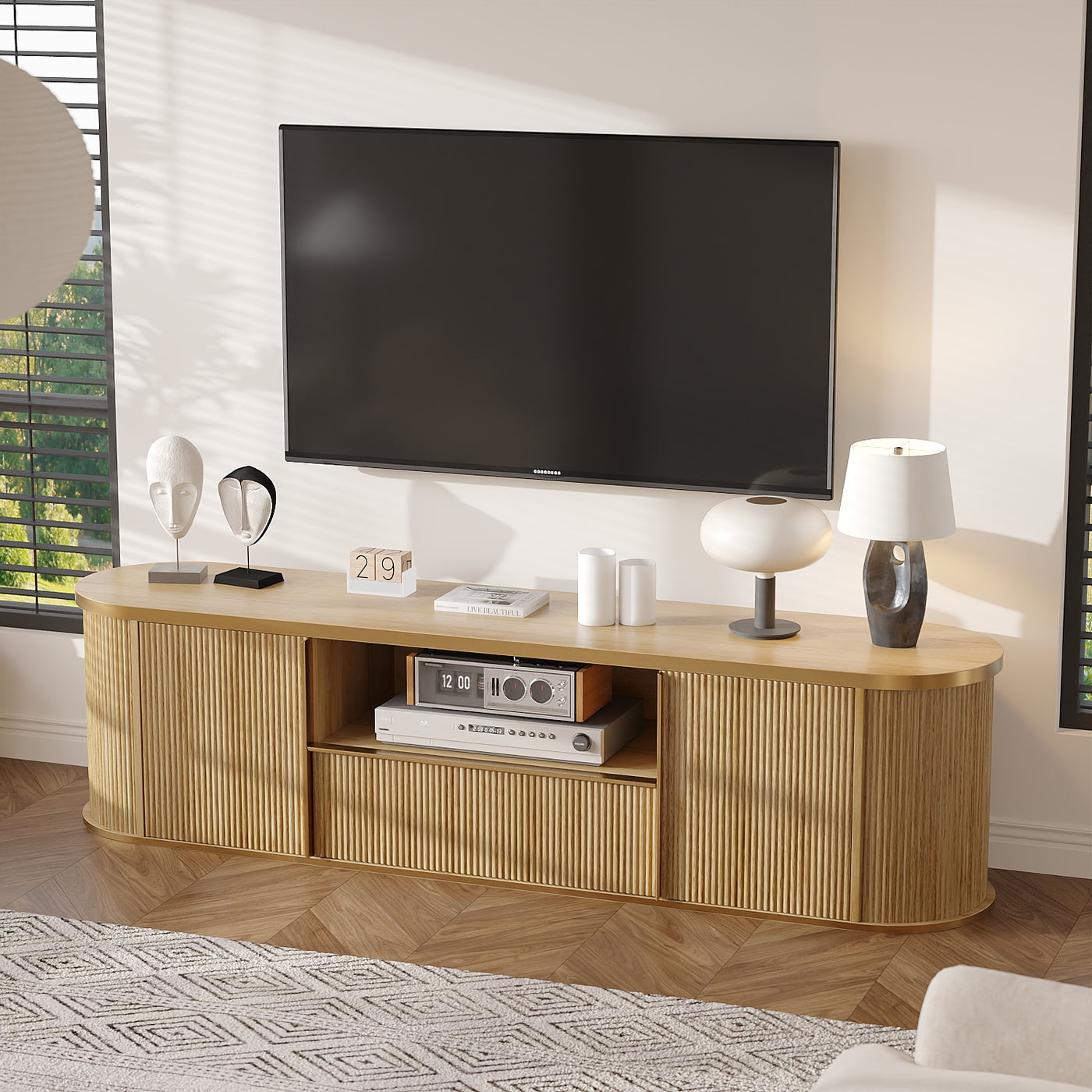 70" Symmetric Natural Wood L-Shaped TV Stand Media Console with Gold Trim