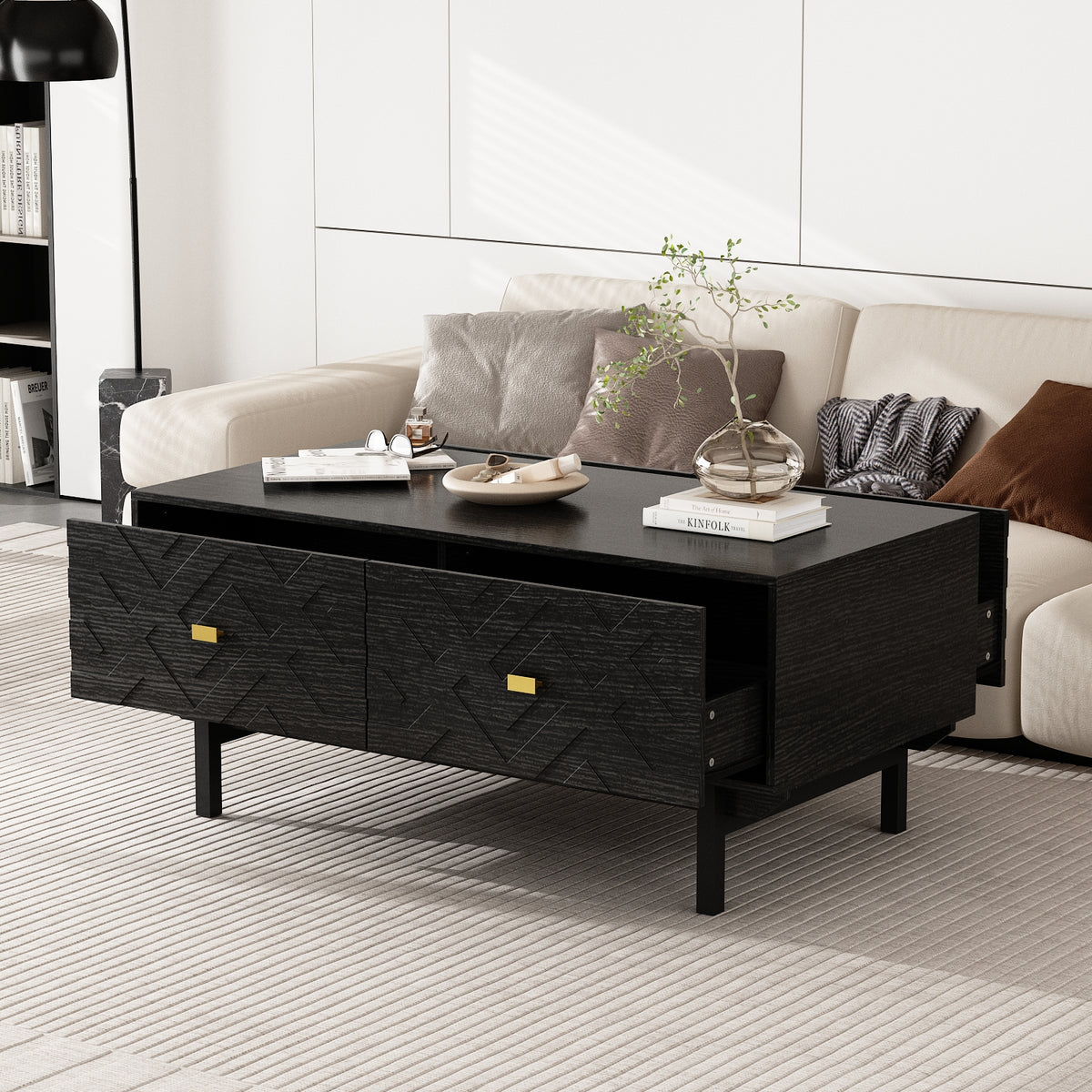 47.2" Modern Black Coffee Table with 4 Drawers