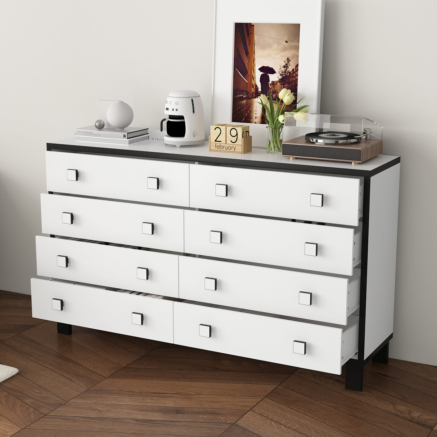 47.2" Modern White 8-Drawer Storage Cabinet with Square Handles