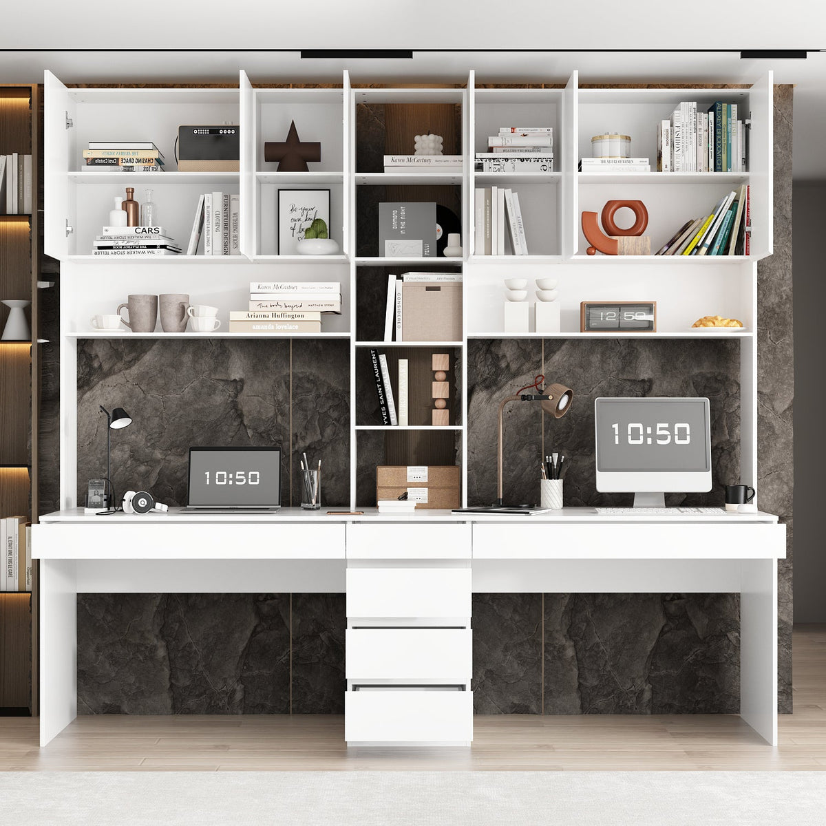 94.5" Modern White Desk with Hinged Doors and Pull-out Drawers