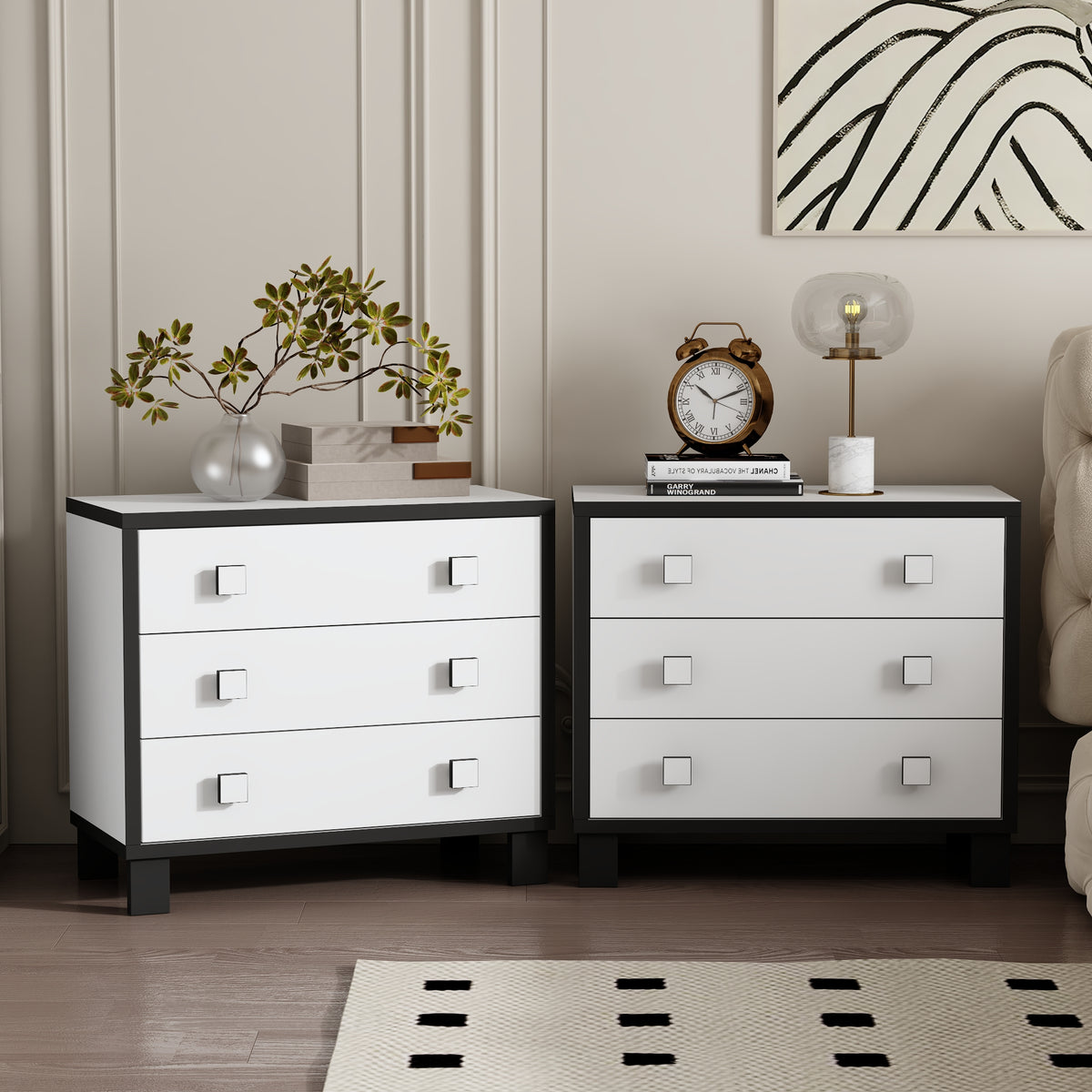 23.6 inch Modern Black 3-Drawer Nightstand with Gold Handles
