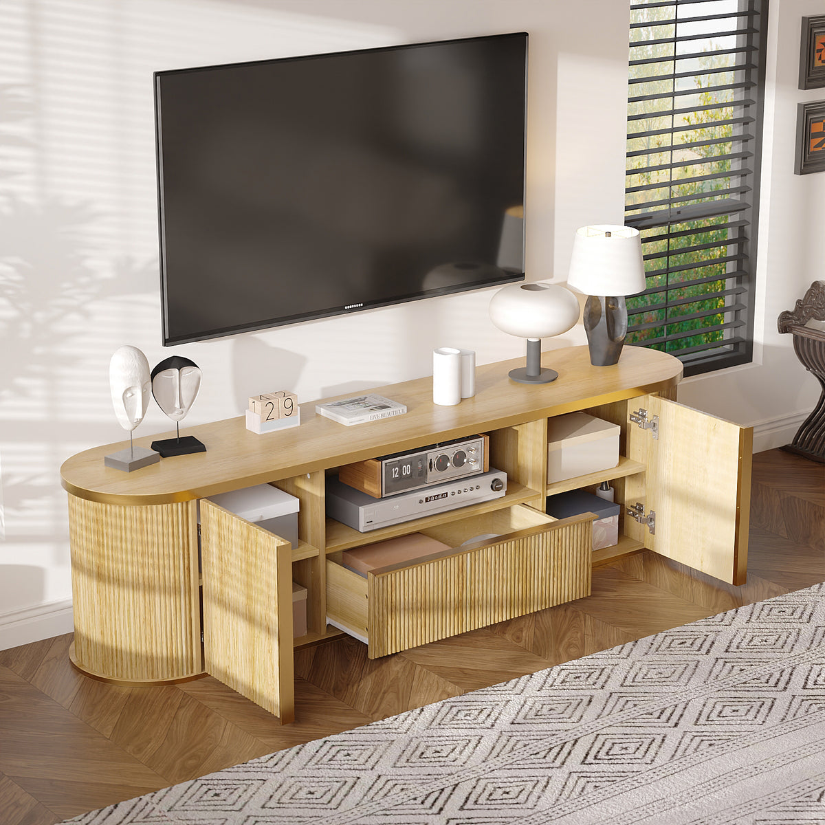 70" Symmetric Natural Wood L-Shaped TV Stand Media Console with Gold Trim