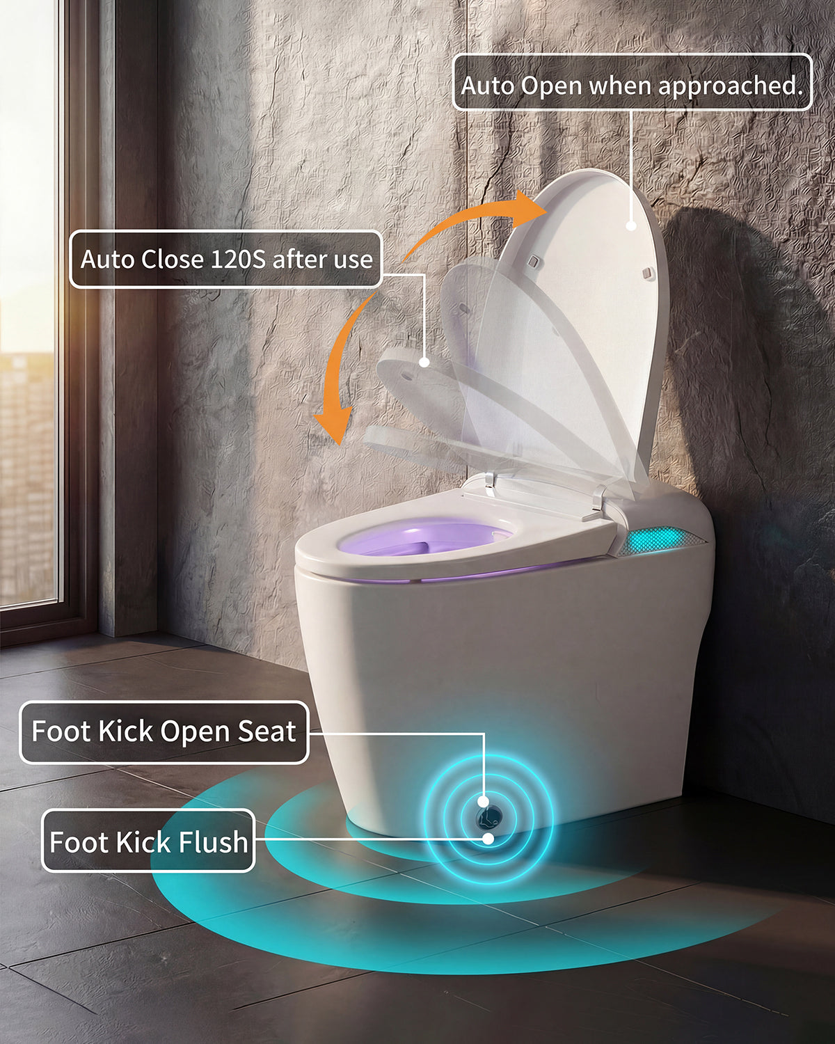 White smart toilet with automatic lid opening, foot kick flush, and foot kick seat opening