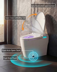 White smart toilet with automatic lid opening, foot kick flush, and foot kick seat opening