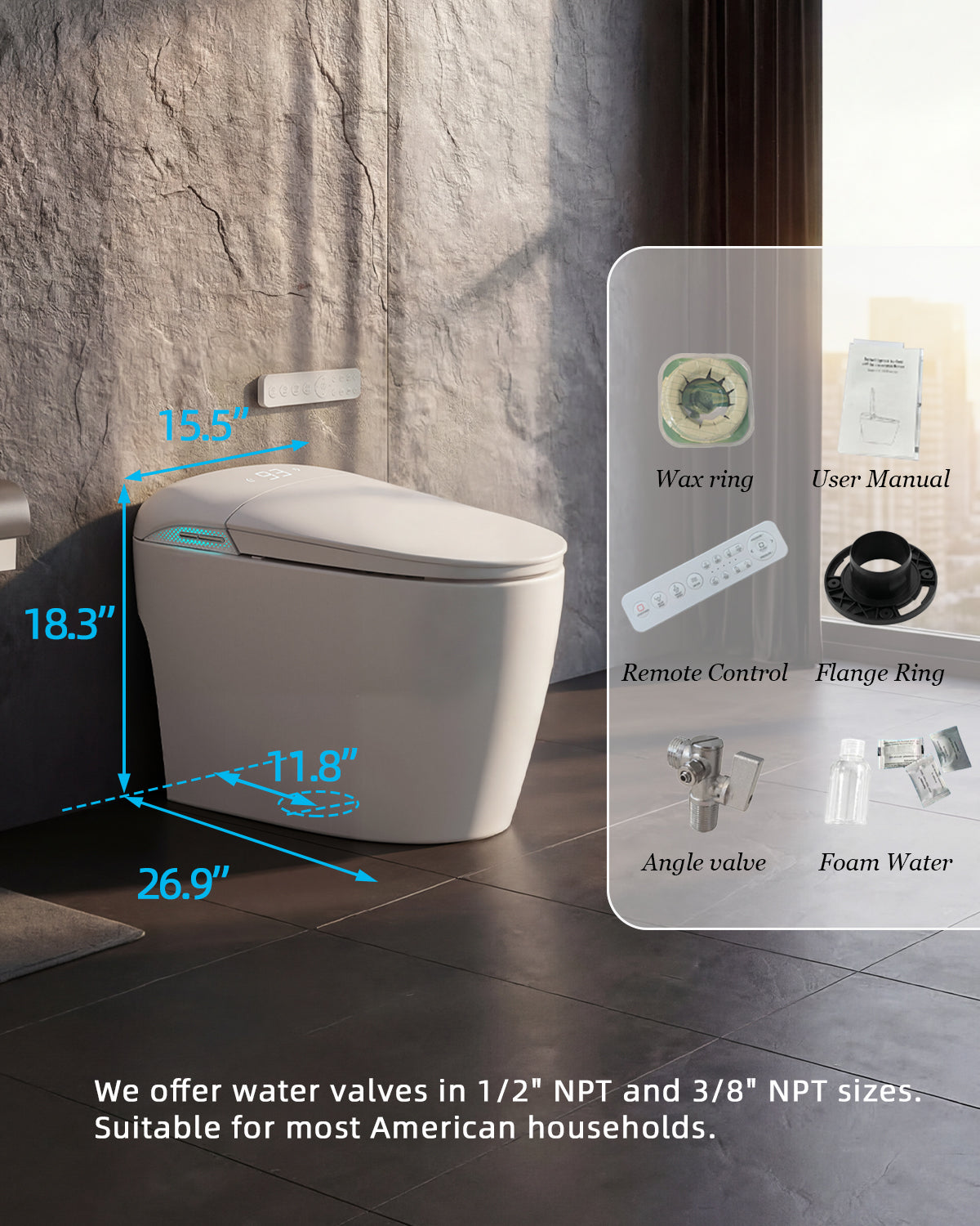 White smart toilet with automatic lid opening, foot kick flush, and foot kick seat opening