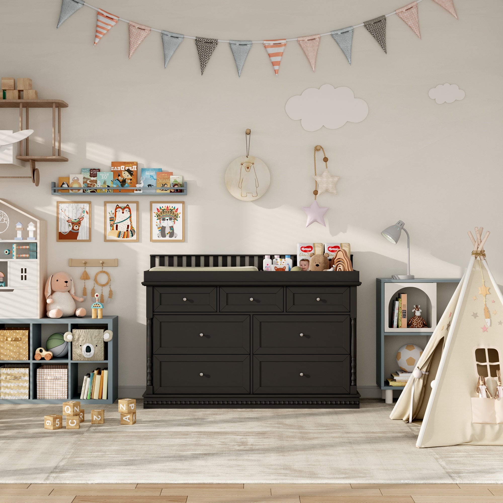 Chest Nursery Dresser Changing Table Top – 7-Drawer Baby Storage Organizer for Diapers and Clothes