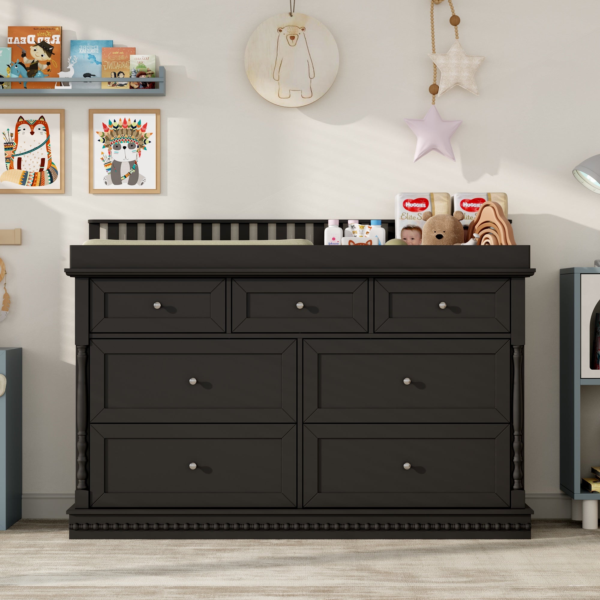 Chest Nursery Dresser Changing Table Top – 7-Drawer Baby Storage Organizer for Diapers and Clothes