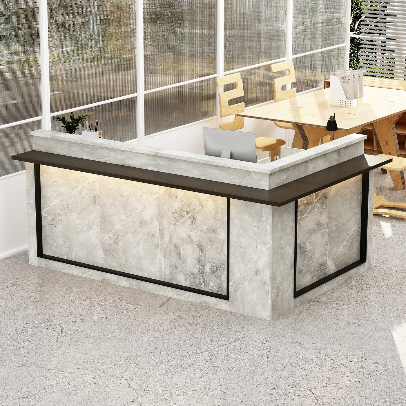 Modern reception desk with marble finish in an office setting