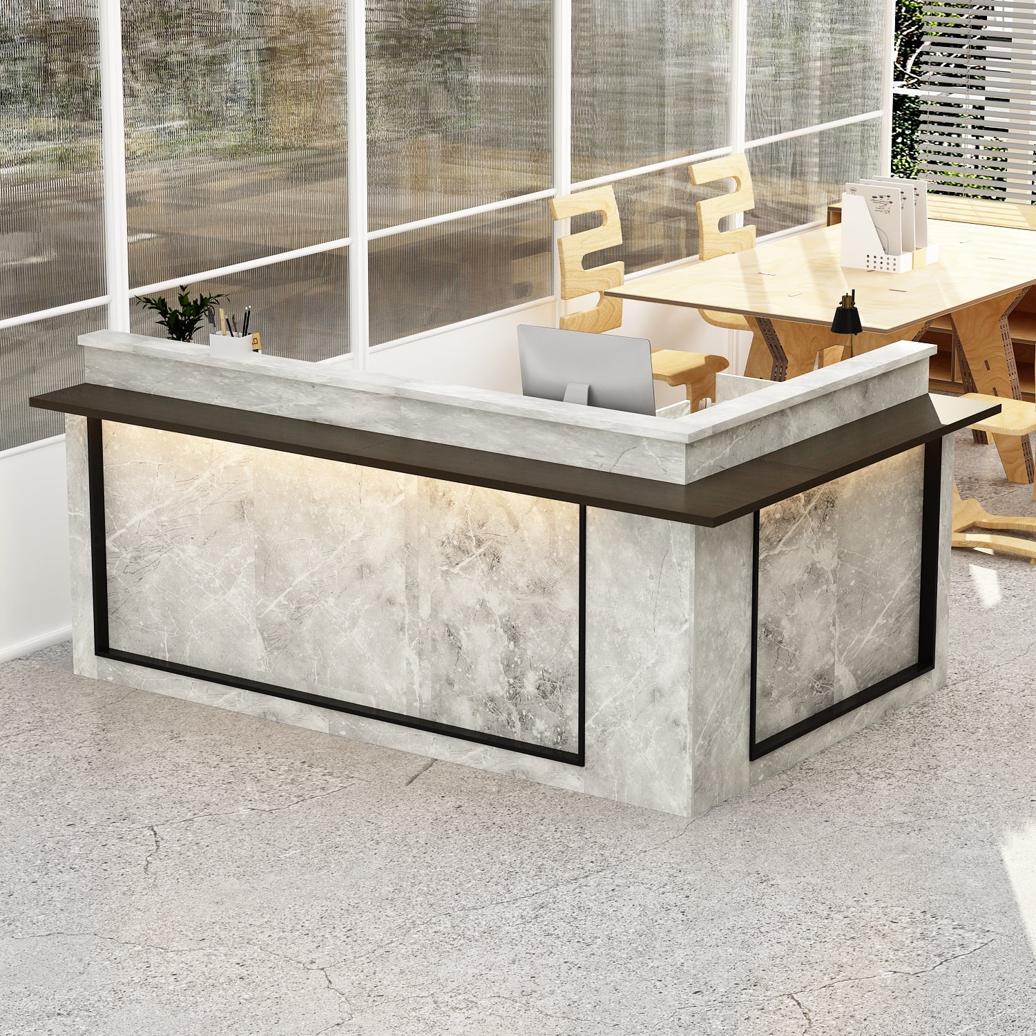 Modern reception desk with marble finish in an office setting