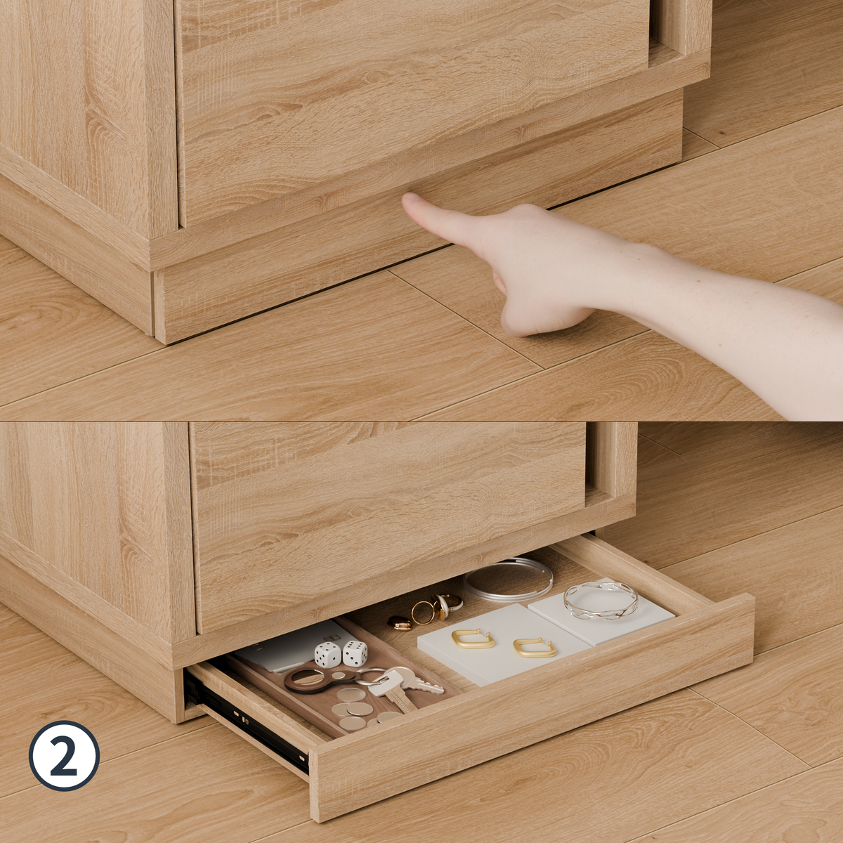 23.6" Oak Engineered Wood 3-Drawer Lockable Smart Nightstand with Hidden Gun Storage Cabinet