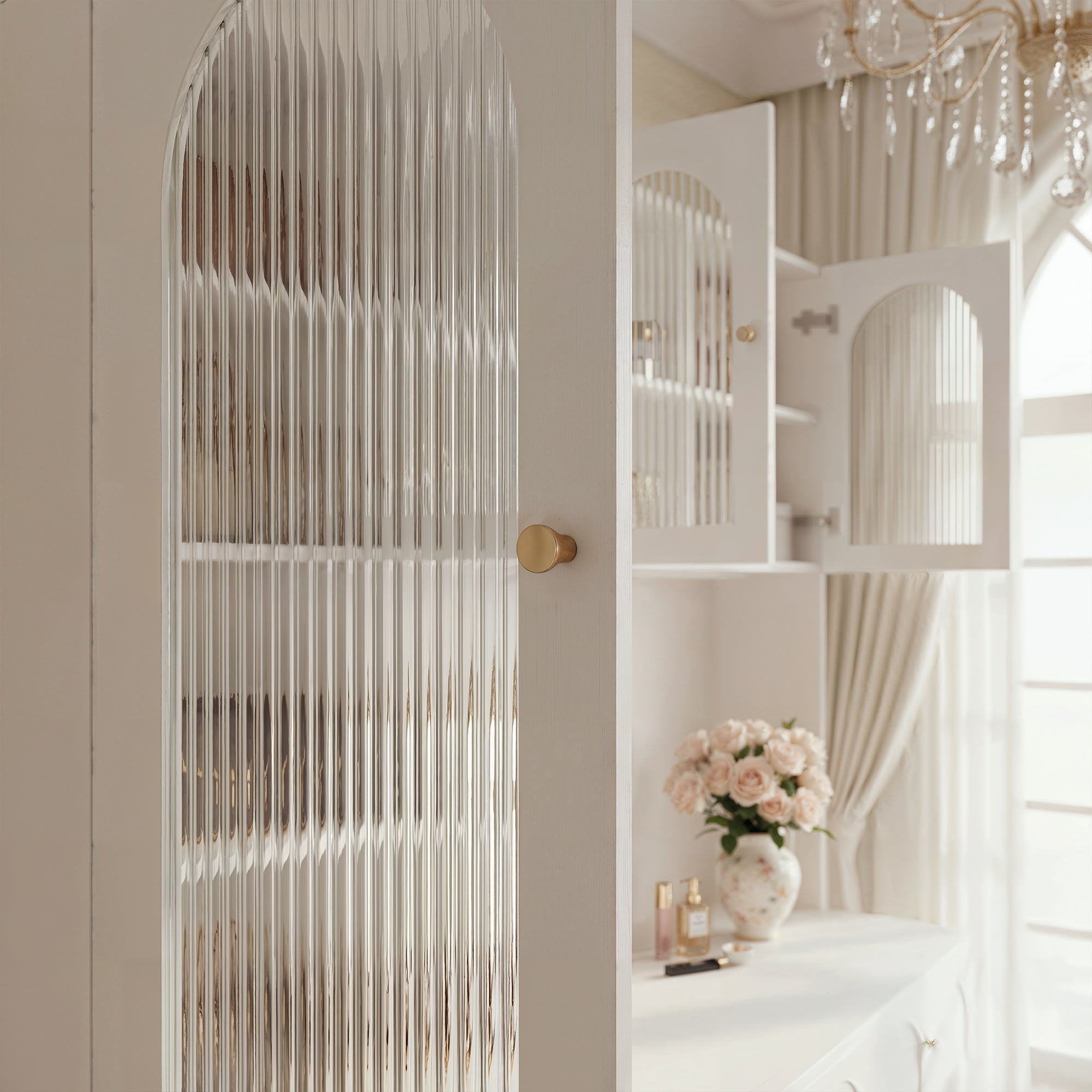 63 inches Modern White Versatile Vanity Desk with Massive Storage and Arched Glass Doors