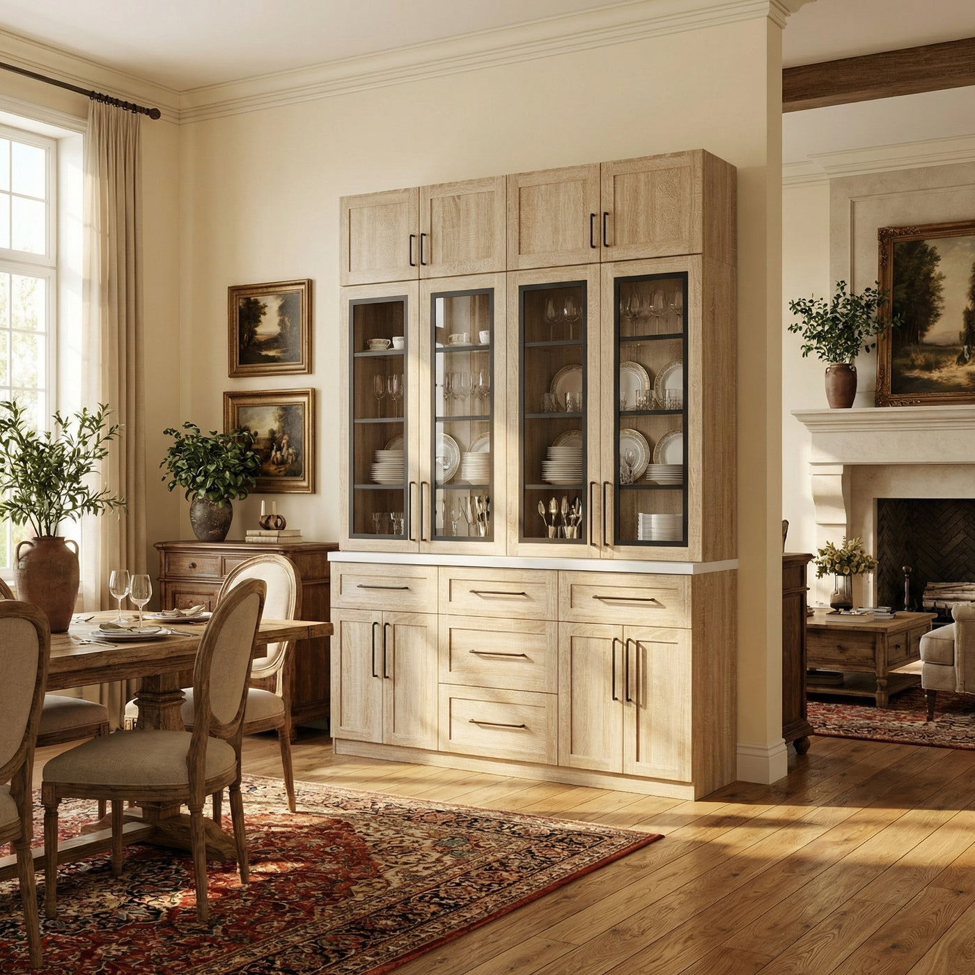 70.8" Oak Grain Engineered Wood Tall Food Pantry Cabinet with Upper Solid Doors, Middle Glass Display Doors & Multi-Drawer Storage Base