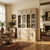 70.8" Oak Grain Engineered Wood Tall Food Pantry Cabinet with Upper Solid Doors, Middle Glass Display Doors & Multi-Drawer Storage Base