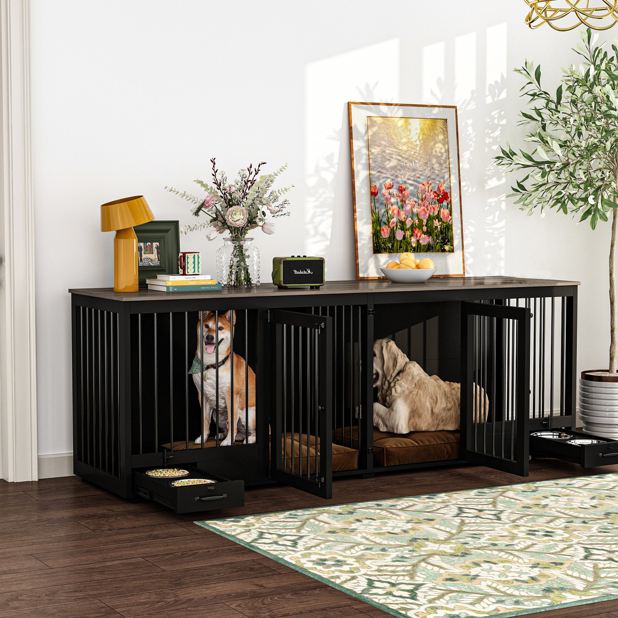 Large Dog Crate Furniture With Pull-Out Dog Bowls And Divider