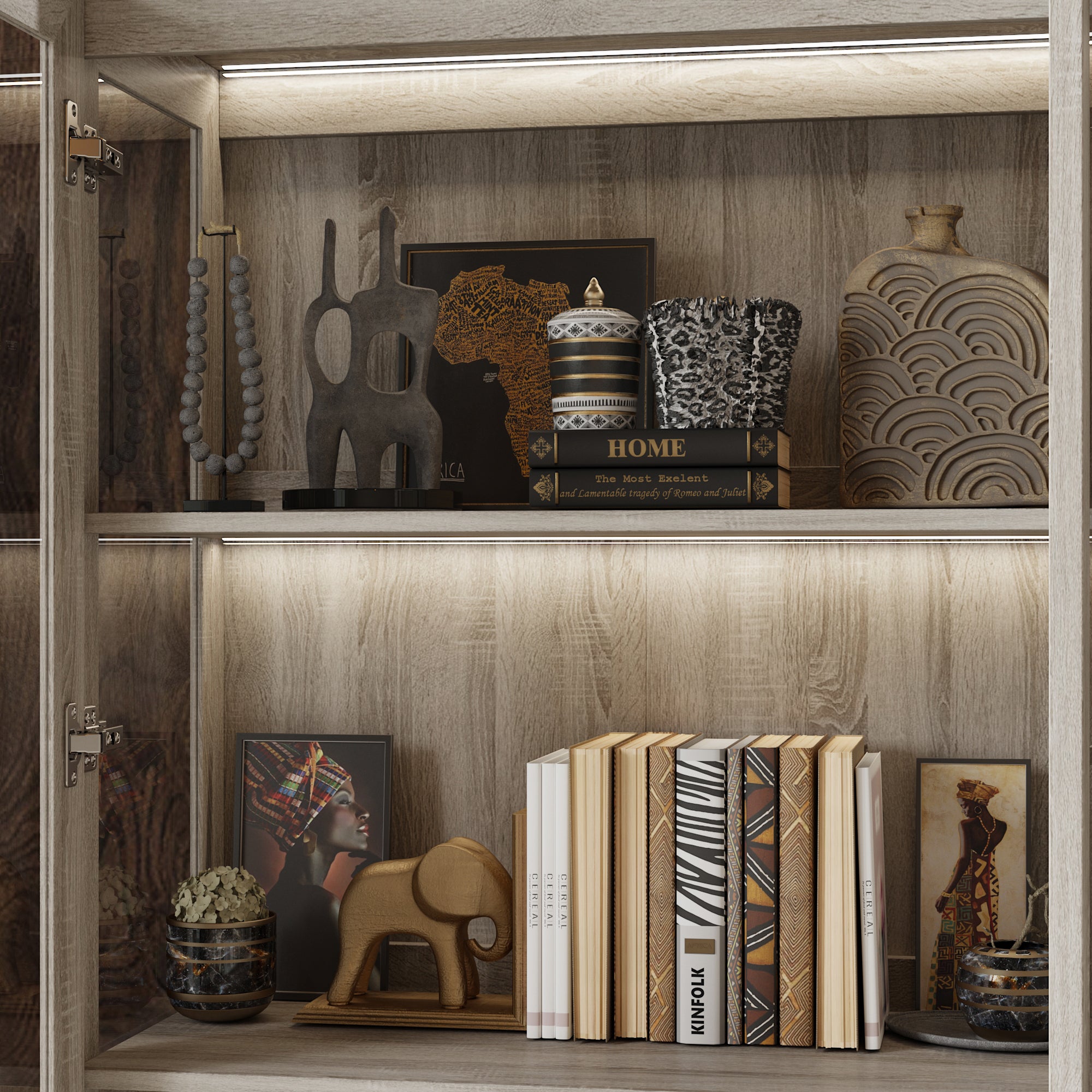 68.5 inch China Cabinet with 4 Glass Doors and Light