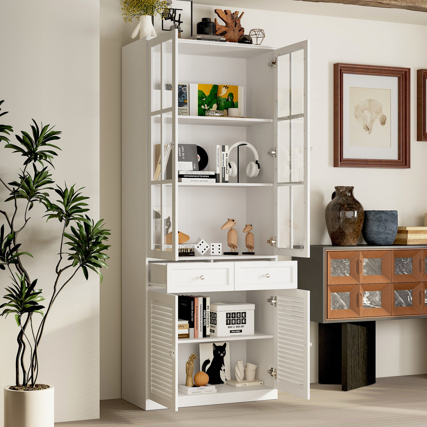31.5" Modern White Bookcase With Glass and Louvered Doors