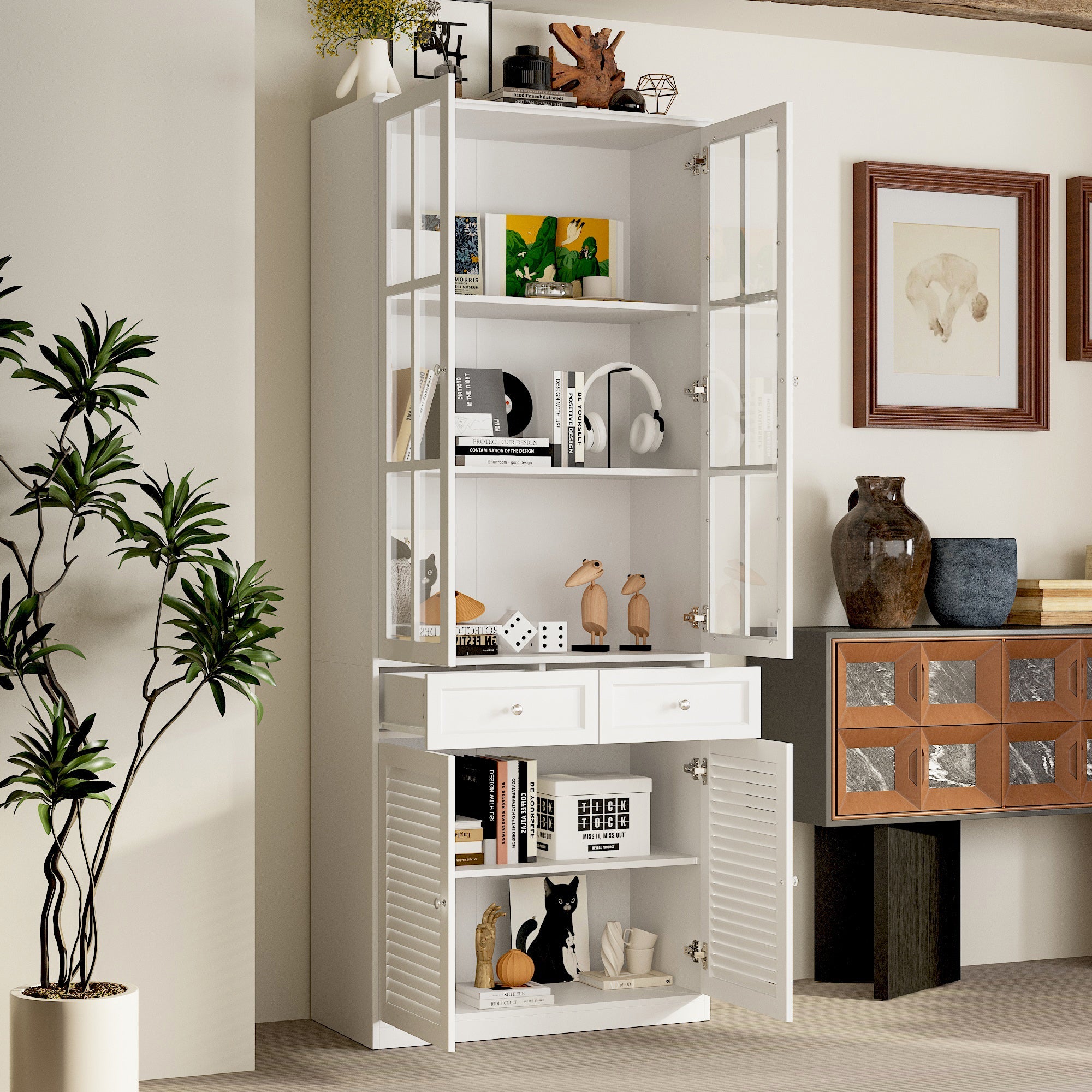 78.7'' H x 31.5'' W Bookcase With Glass Doors And Drawers