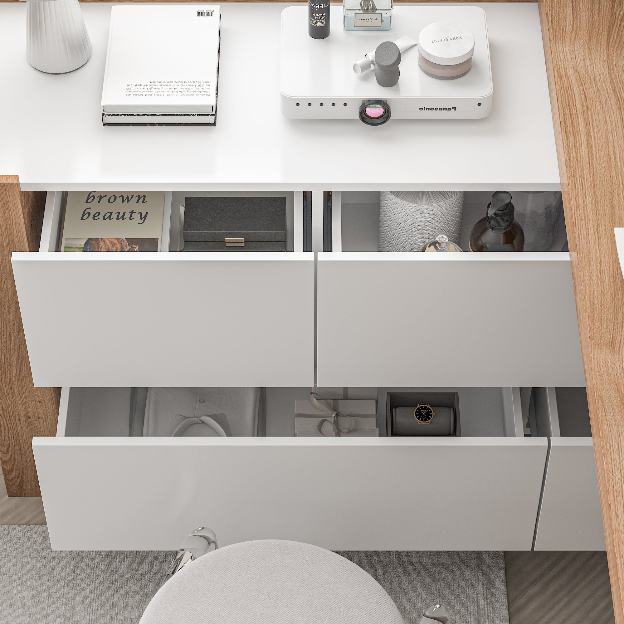 L-Shaped Modern Vanity Set with Adjustable Storage and 4 Drawer Chest