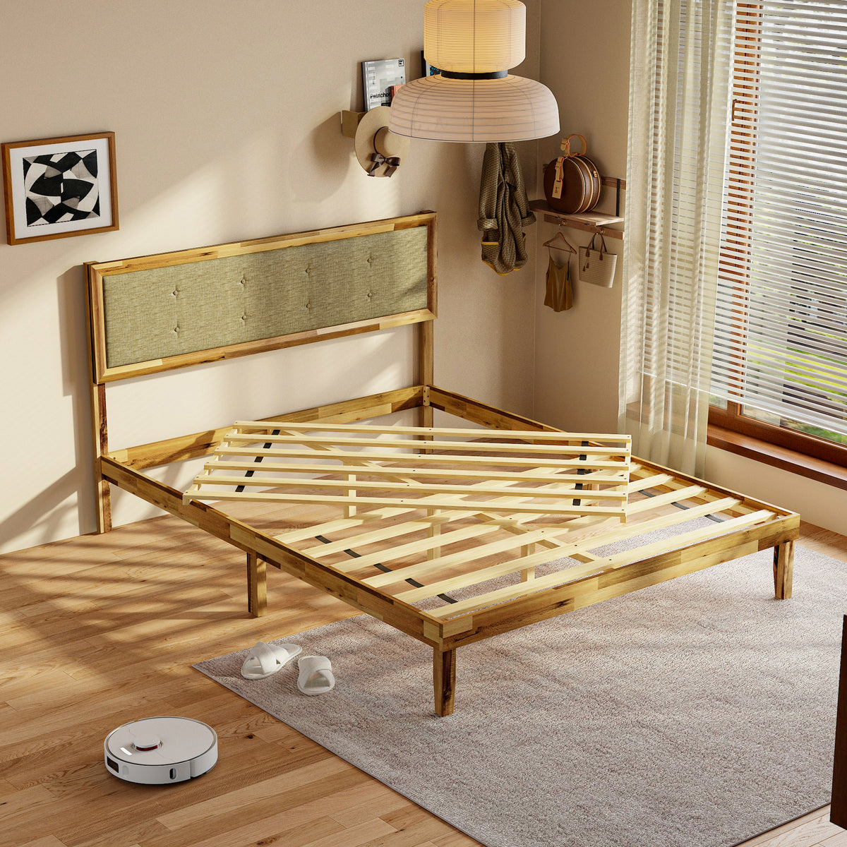 Queen Size Solid Acacia Wood Platform Bed Frame with Upholstered Headboard