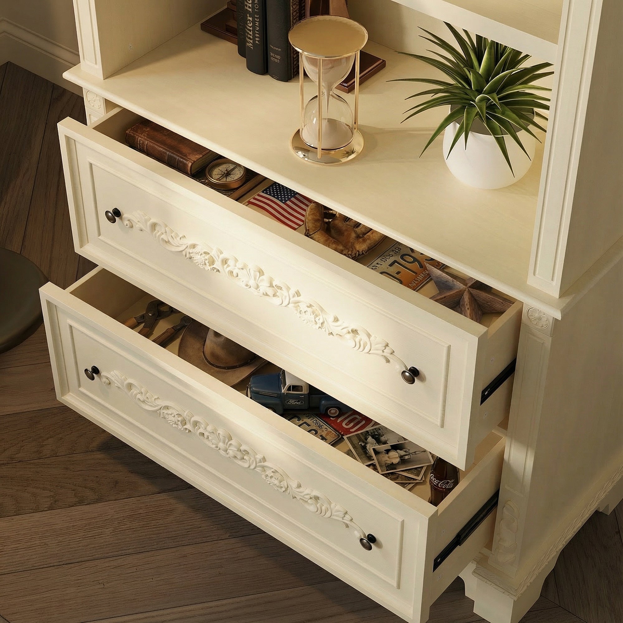 Elegant Display Cabinet With 3 Open Shelves & 2 Carved Drawers