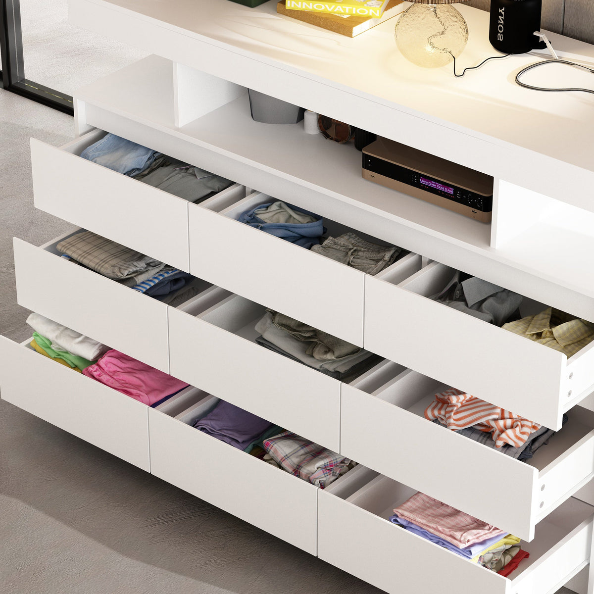 47.2" Minimalist White Dresser With LED Lights & 9 Drawers