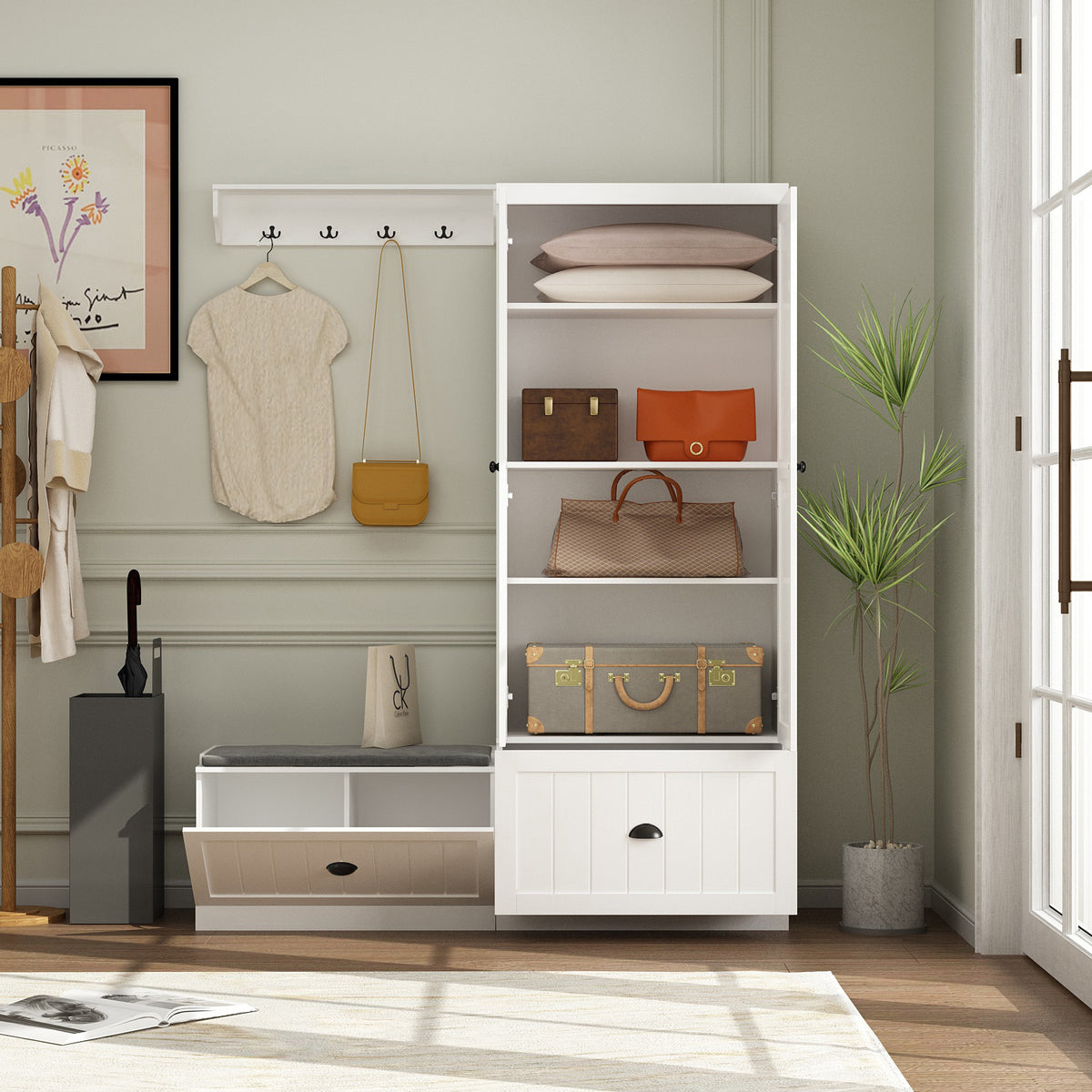 Stilla 59.1" Modern White Hall Tree with Storage Bench & Flip-Down Shoe Cabinet