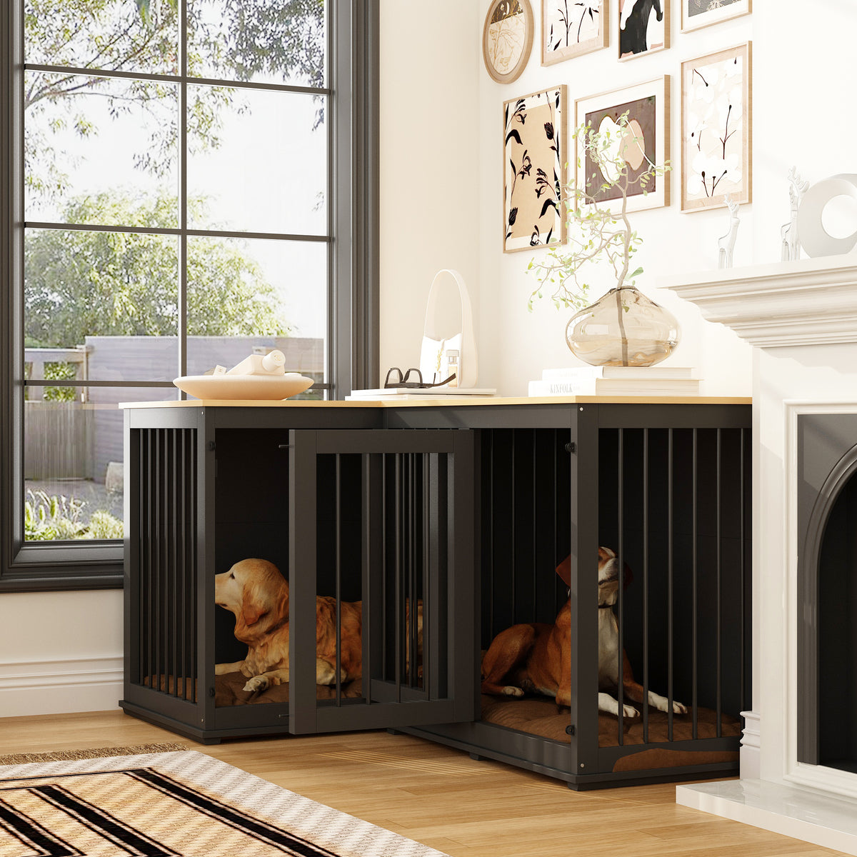 58.7 inch Rustic Black Corner Dog Crate with Steel Divider