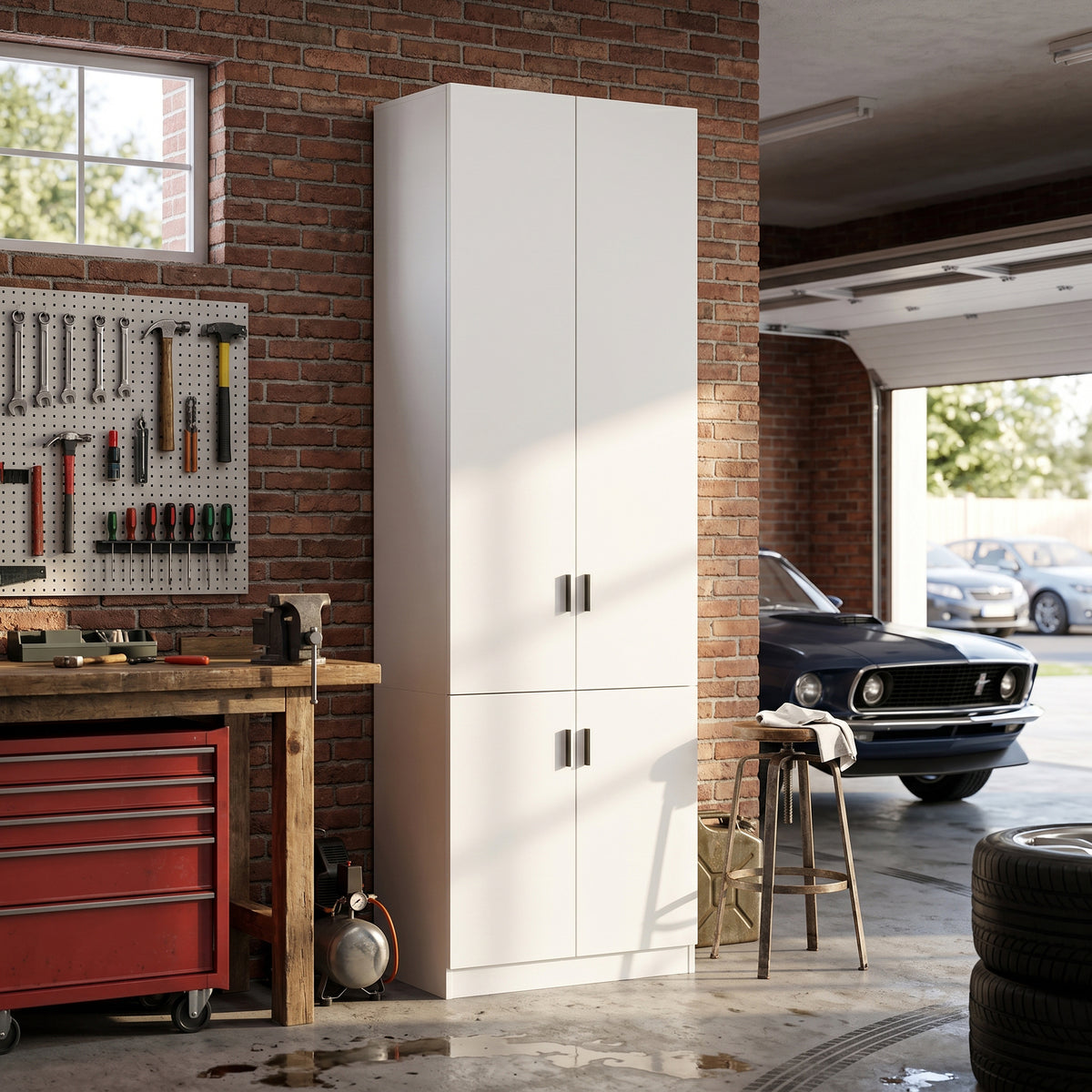 31.5" White Engineered Wood Tall 4-Door Garage Storage Cabinet with Adjustable Interior Shelves