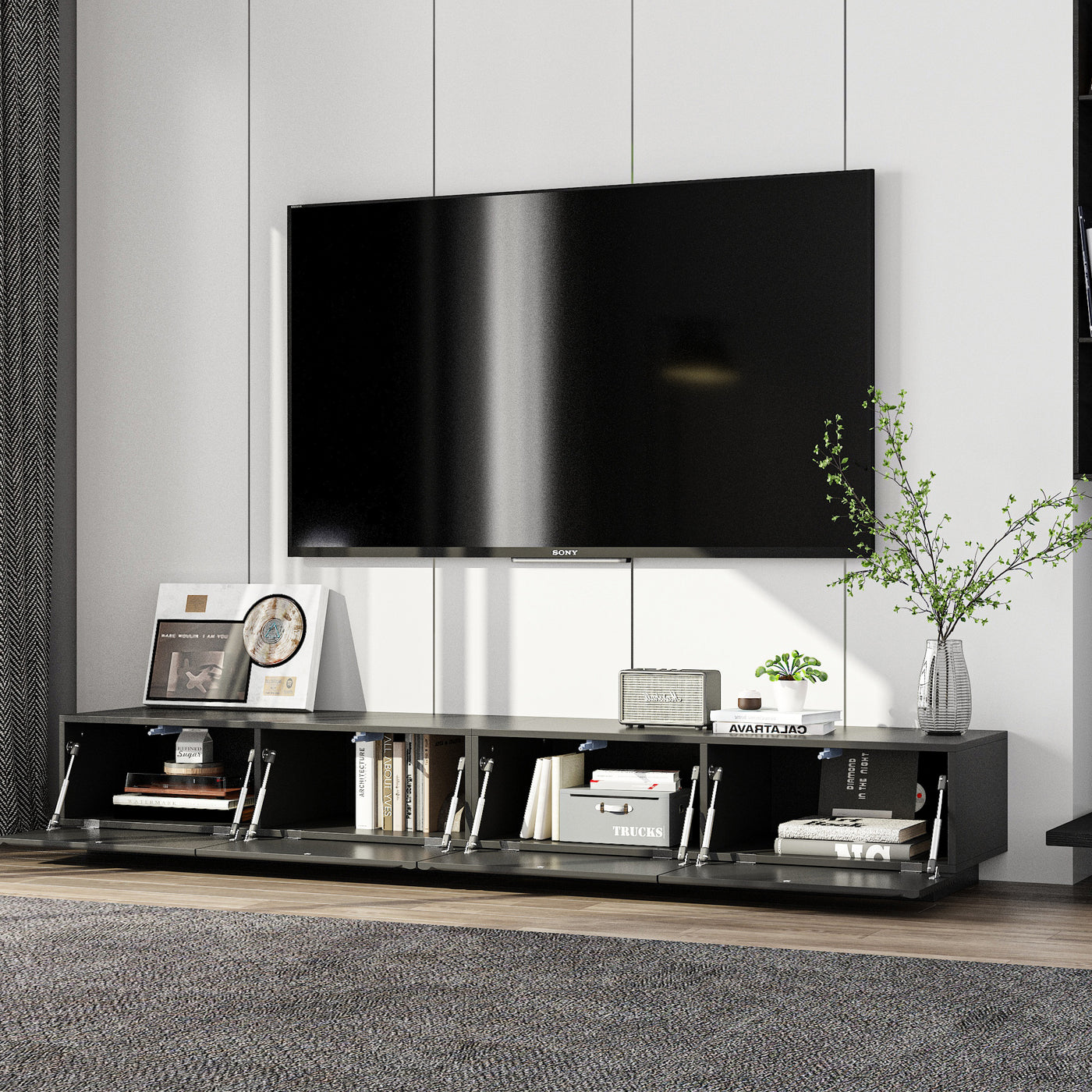 78.7" Modern Black Media Console TV Stand with Drop-Down Doors