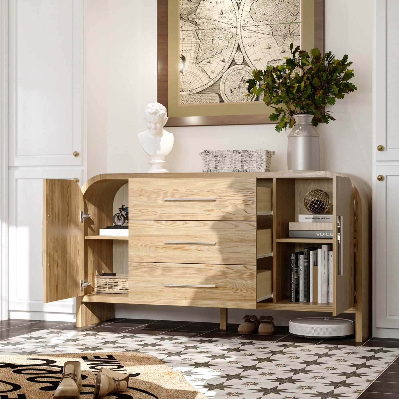 59" Minimalist Natural Sideboard Cabinet Buffet Storage Cabinet With Hinged Doors and Pull-out Drawers