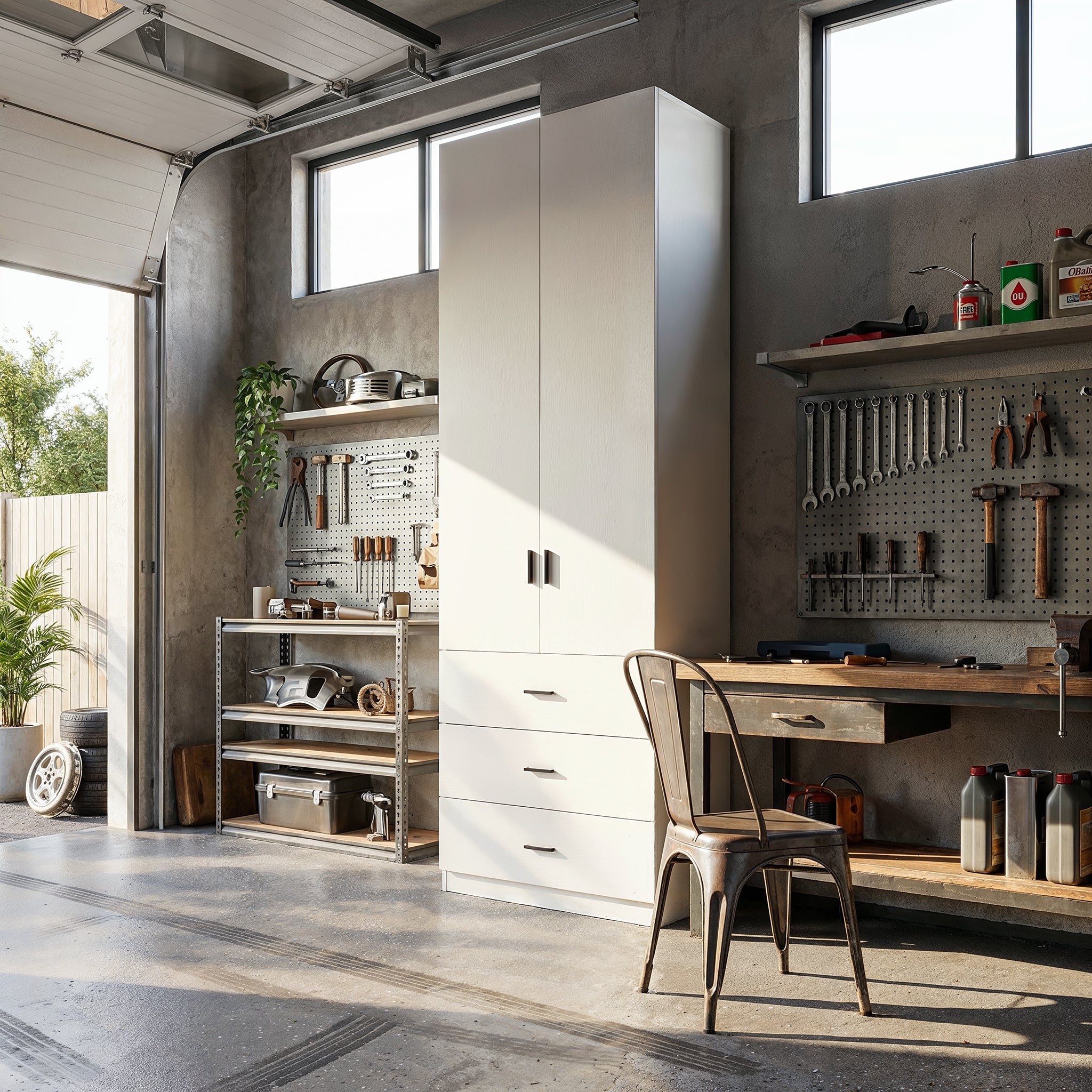 31.5 Inches White Engineered Wood Tall Garage Storage Cabinet with 2 Upper Doors and 3 Lower Drawers