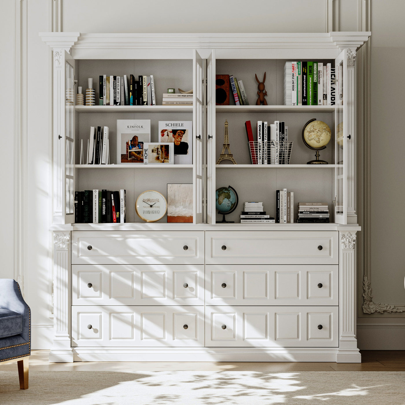 63" Modern White Tall Bookcase with 6 Drawers & 4 Tempered Glass Doors