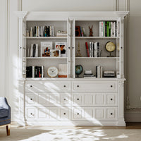 63" Modern White Tall Bookcase with 6 Drawers & 4 Tempered Glass Doors