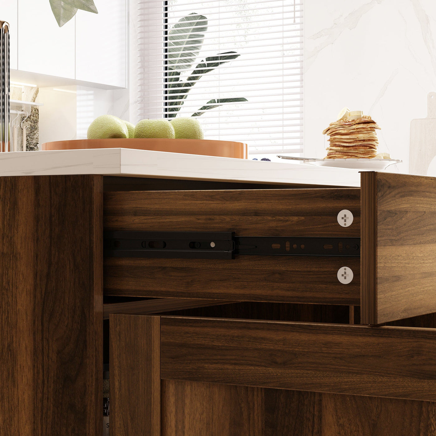 47.2" Modern Brown Wood Kitchen Island with Marble Veneer Countertop and Storage