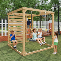 Children playing on a wooden swing set in an outdoor playground