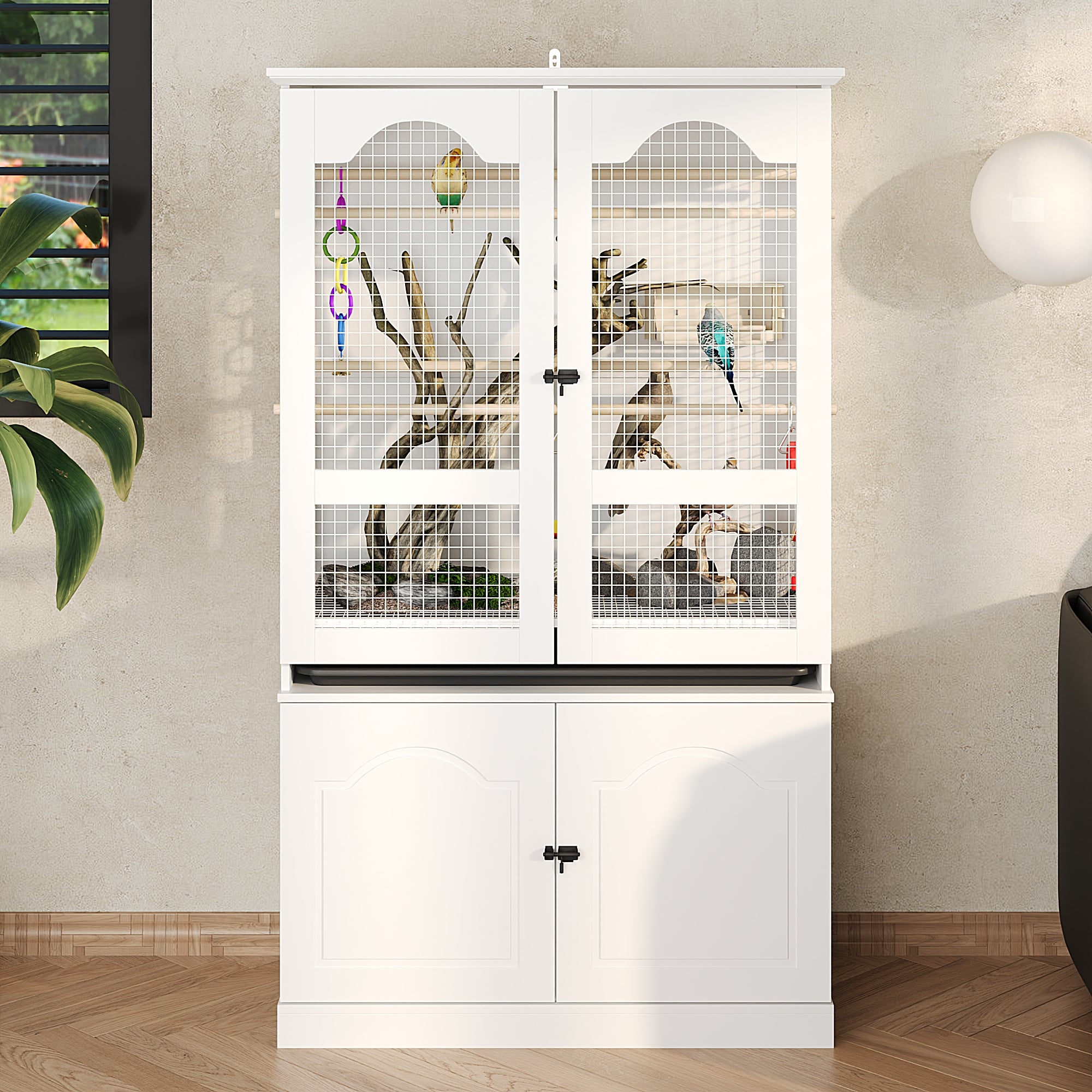 White birdcage with decorative elements on a wooden floor.
