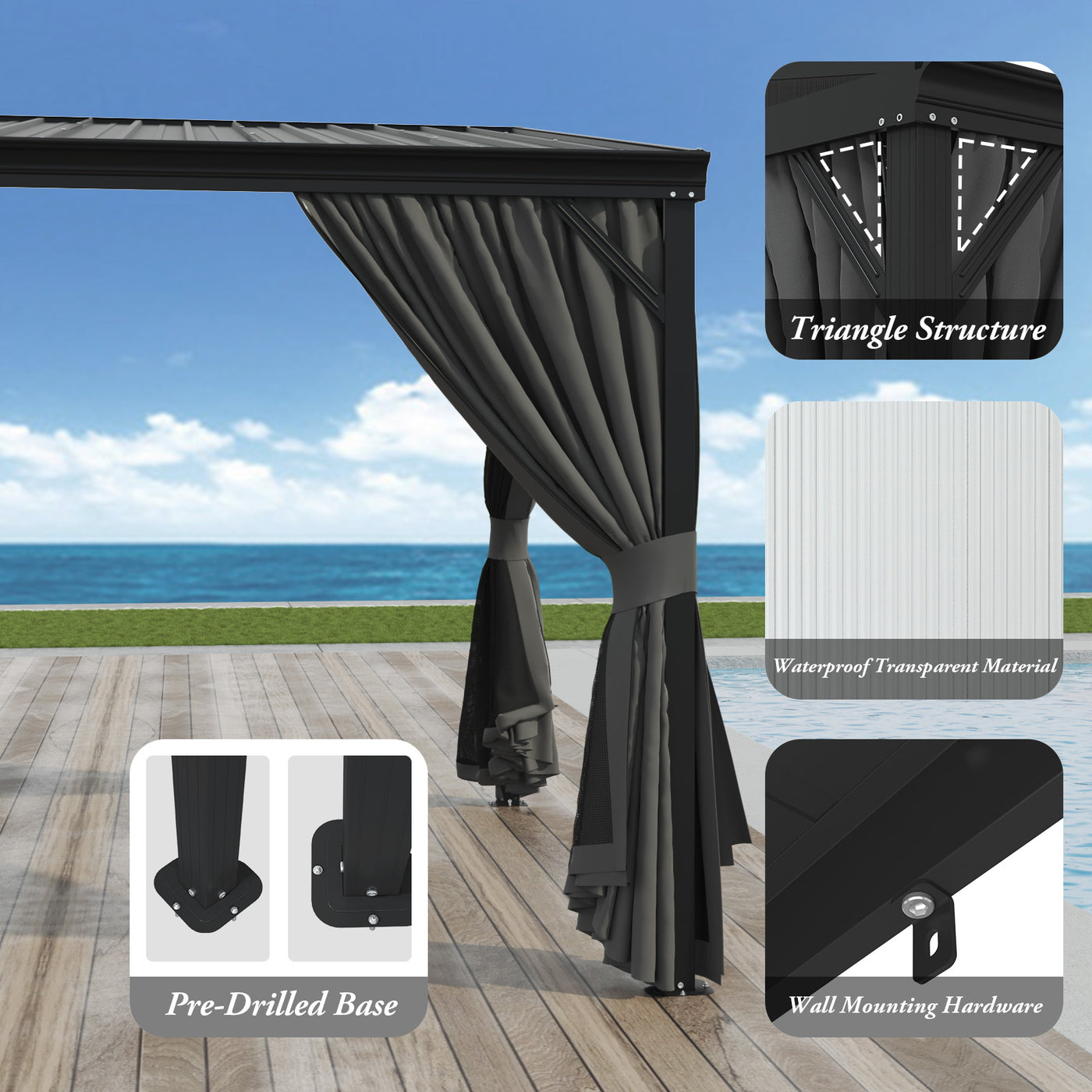 145.4" Modern Black Patio Gazebo with Curtains and Mosquito Net