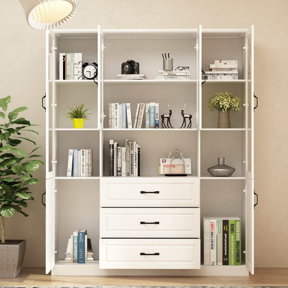 63 inches Classic White Large Display Cabinet Corner Shelf Storage Organizer Bookshelf in Combination