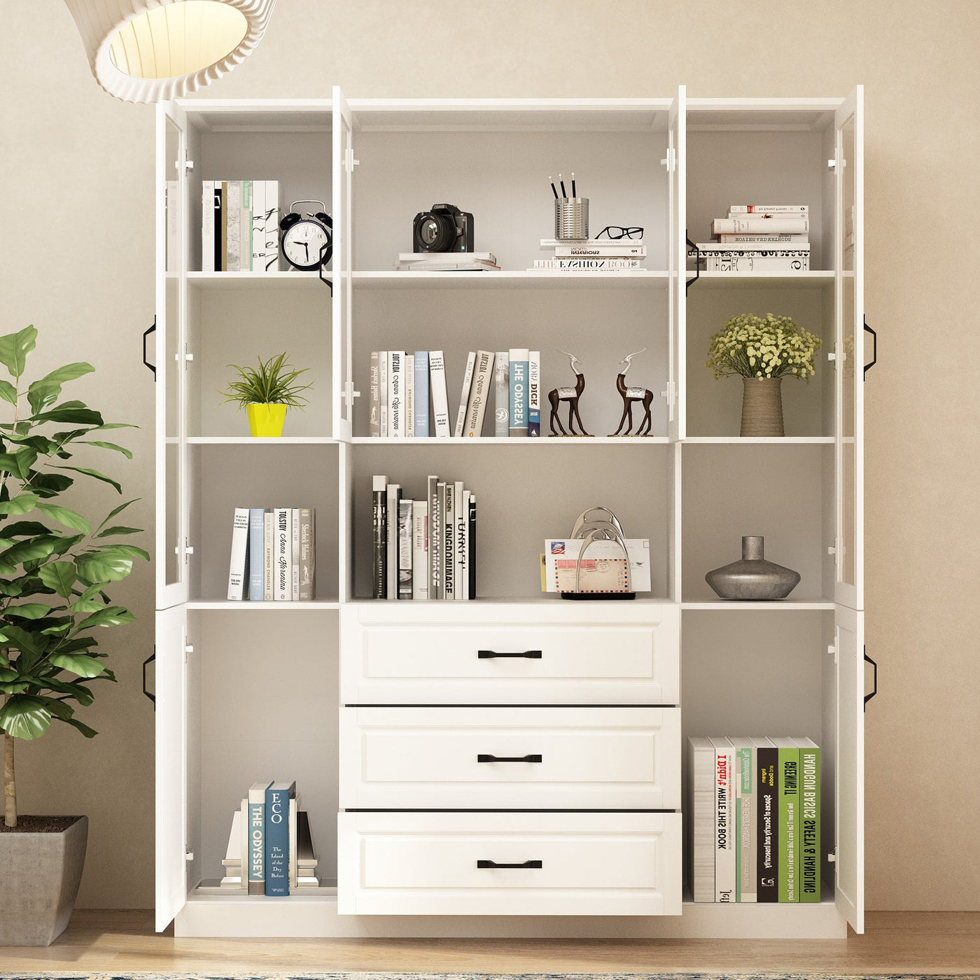 Vila 63" White Display Cabinet & Bookcase with Open Shelf and 3 Drawers