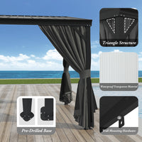 165.7" Modern Black Patio Gazebo with Curtains and Mosquito Net