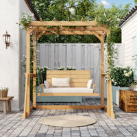 Wooden pergola with a bench on a patio area with plants and a white wall in the background