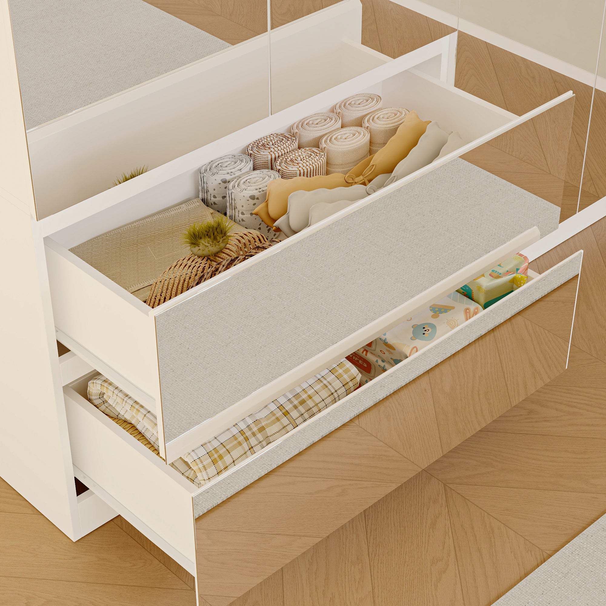 Elegant Full-Length Mirrored Wardrobe With Dual Compartments And Multiple Drawers