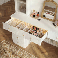 63" Modern White Versatile Vanity Desk with Massive Storage and Arched Glass Doors