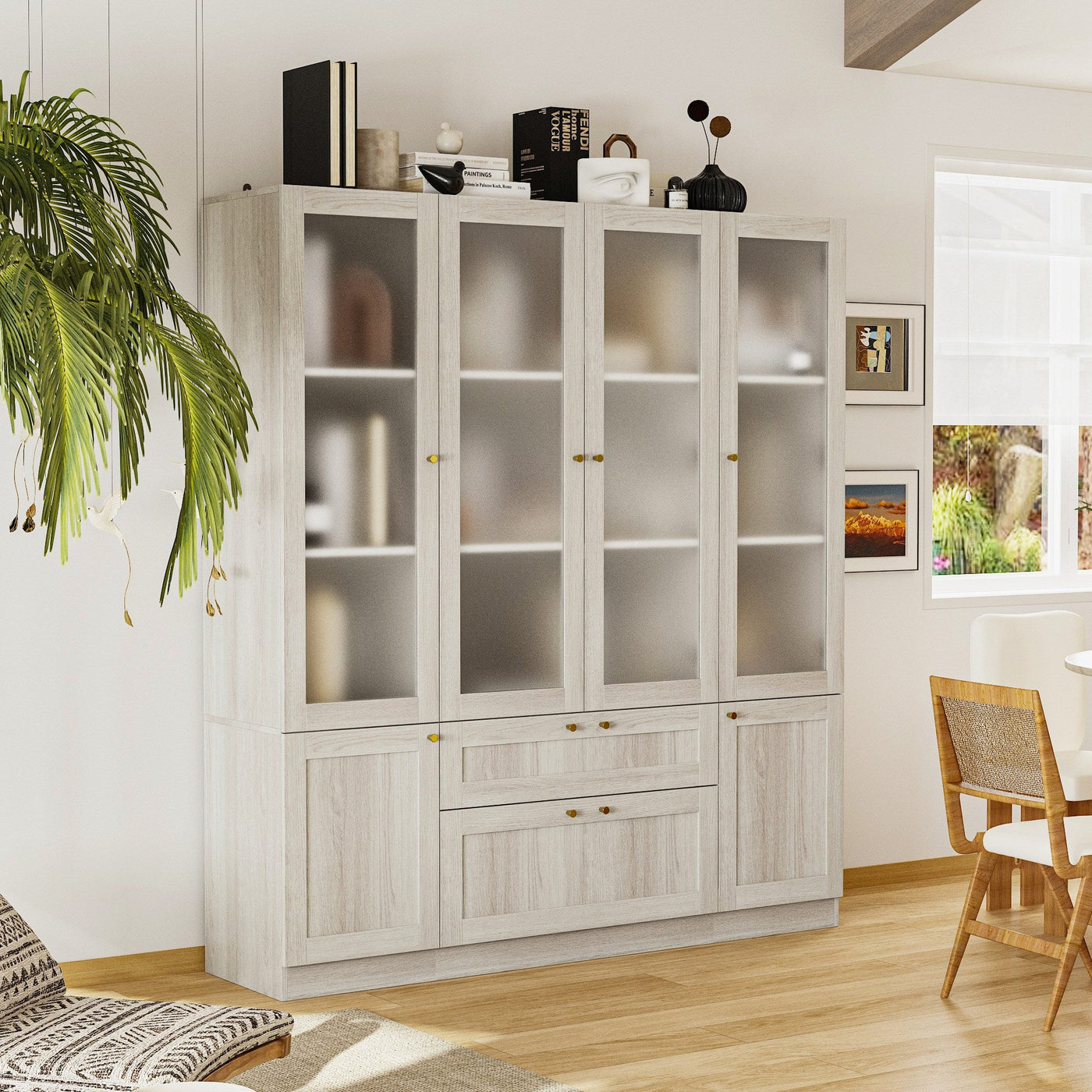 78.7" Modern Display Cabinet with Adjustable Shelves, Frosted Glass Doors and Drawers