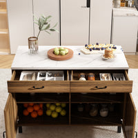 47.2" Modern Brown Wood Kitchen Island with Marble Veneer Countertop and Storage